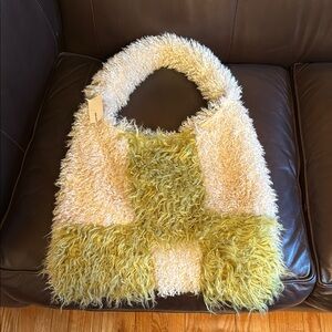 NWT Urban Outfitters: Fuzzy Two-Tone Shag Shoulder Bag in Cream and Chartreuse